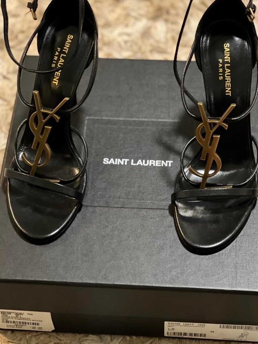 Yves Saint Laurent Black Leather YSL Logo T-Strap Heels